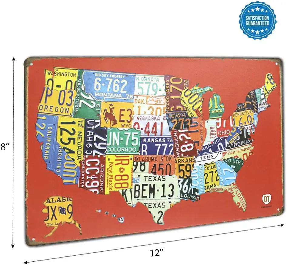 Red USA Map Road 66 License Plate Metal Tin Sign, Vintage Plaque Poster Garage Bar Home Wall Decor, 8x12 inch