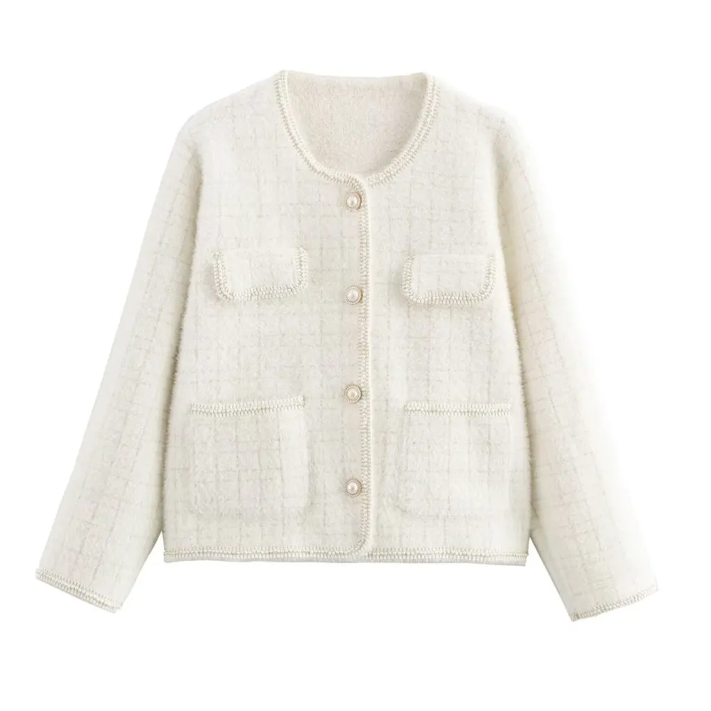 

Women's Gold Thread Imitation Mink Wool Knitted Pearl Lace Sweater Coat Autumn Fashion Outerwear