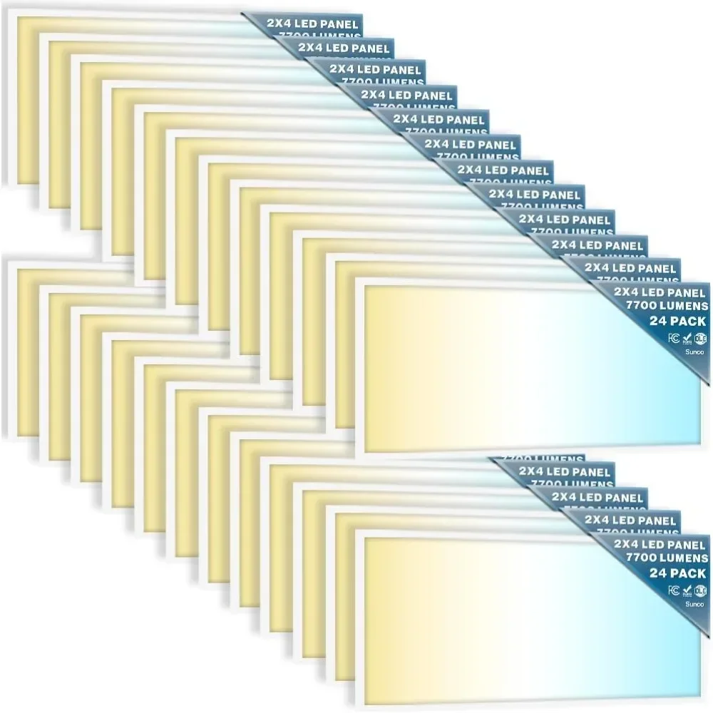 

24 шт. светодиодных плоских панелей 2x4 для подвесного потолка, офисный светильник, 7700 лм, диммируемый (0-10В), для поверхностного или подвесного монтажа, пылезащитный, ETL
