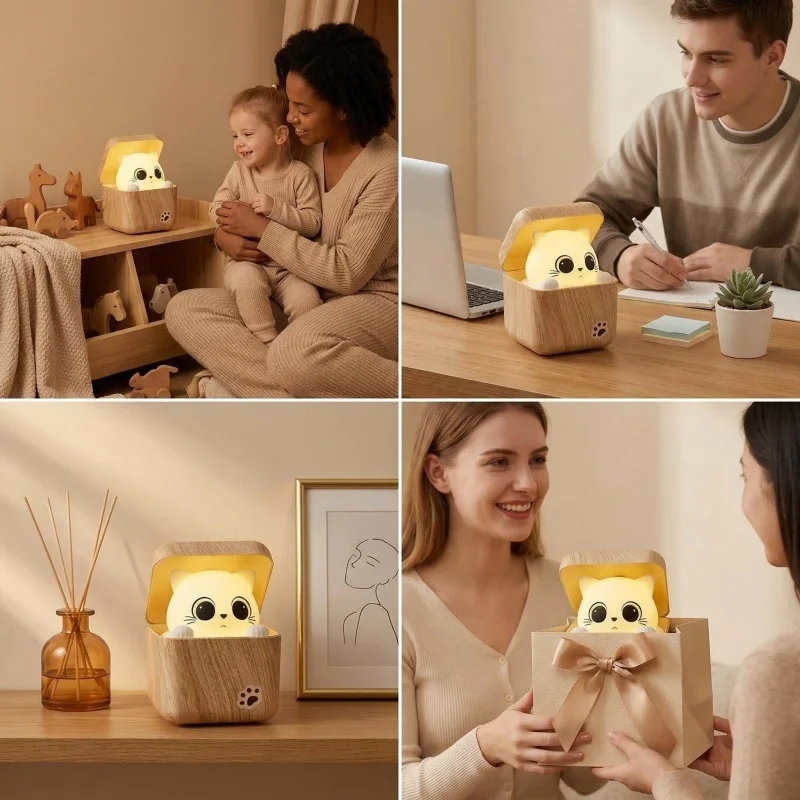 Kawaii Shy Cat Night Light - USB Rechargeable Sleep Lamp