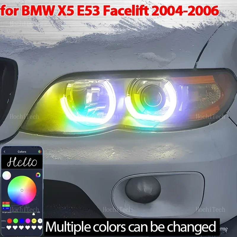 

Для BMW X5 E53 Facelift 2004 2005 2006, последовательное приложение, дистанционное управление в стиле M4, разноцветные режимы, кольцо «ангельские глазки», светодиодный указатель поворота