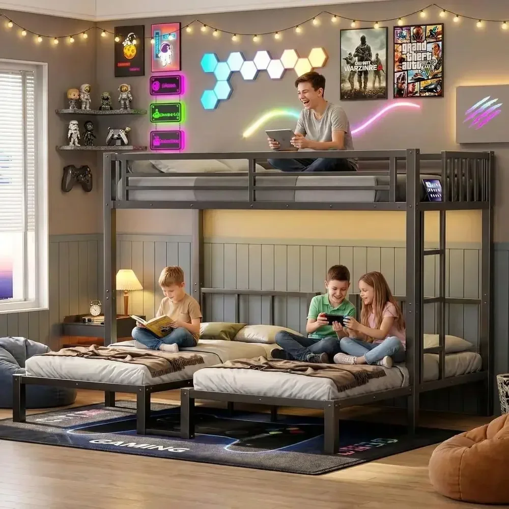 Sturdy Metal Triple Bunk Bed with LED Lights, Storage, and Charging Station for Kids, Convertible into 3 Separate Beds, Black