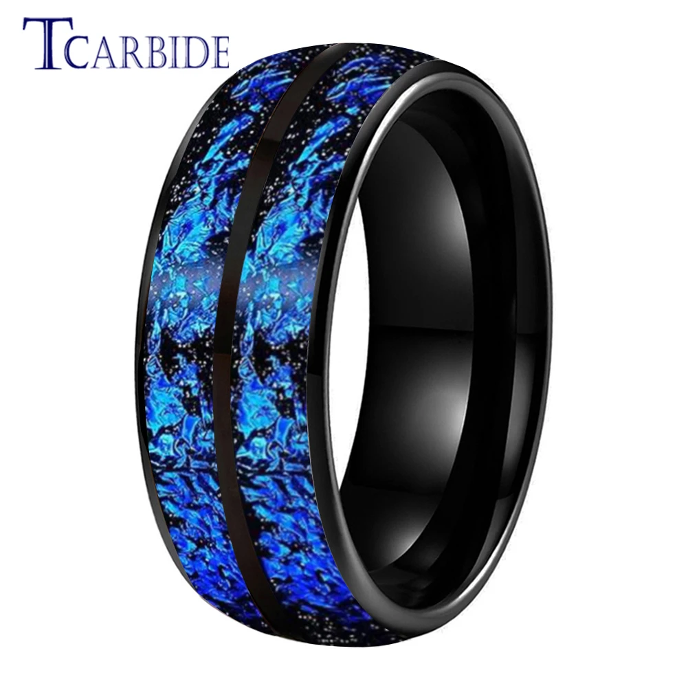 Dropshipping 6mm 8mm Blue Meteorite Ring Tungsten Wedding Band For Men Women Fashion Jewelry Domed Polished Comfort Fit
