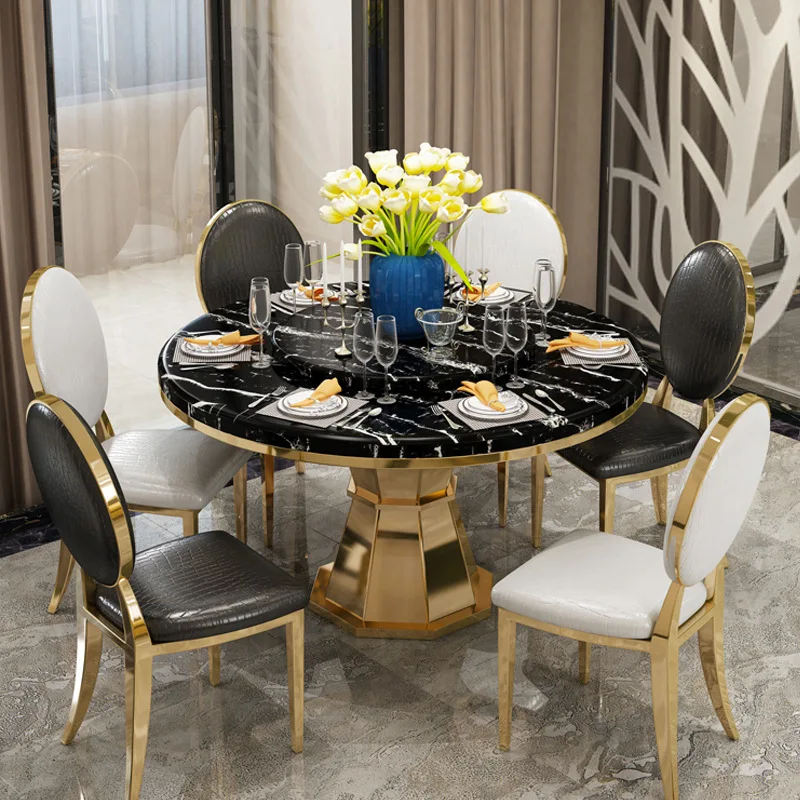 Luxury Gold Metal frame round marble top marble turntable dinner table for dining room furniture