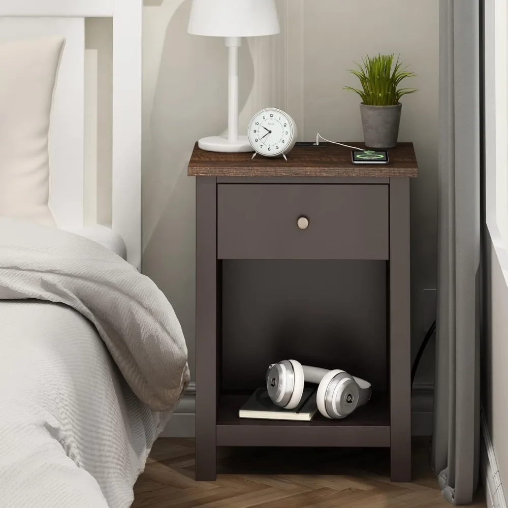 

Espresso Wooden Nightstand with Charging Station and Storage Drawer for Bedroom