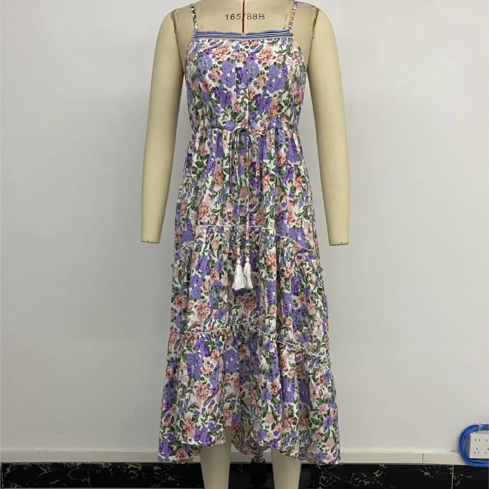 Novo europeu e americano casual em camadas camisola saia com cordão floral impressão vestido elegante mujer 2025 roxo