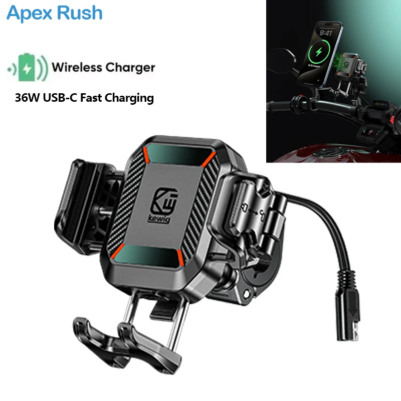 Apex Rush Motorcycle Phone Holder Anti-Theft Shockproof 15W Wireless Charger and 36W USB C Fast Charging Motorcycle Bike Scooter