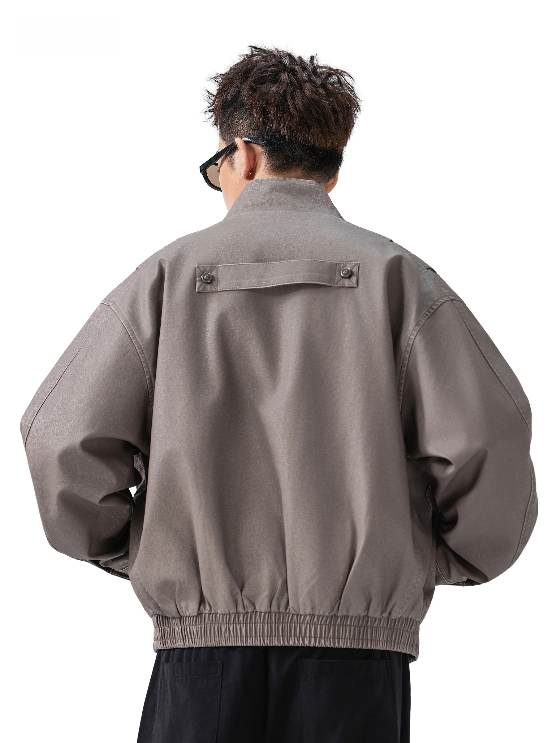 American Deconstructed Loose Fit Stand Collar Leather Jacket Men's Stylish Autumn Vintage Outerwear Cleanfit Long Sleeve Zipper