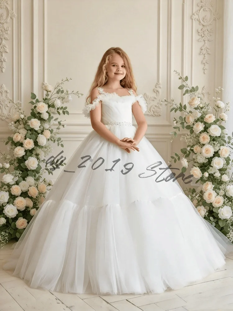 Romantic White Off Shoulder Flower Girl Dress 3D Floral Straps Tiered Soft Tulle Kids Wedding & First Communion Princess Gown