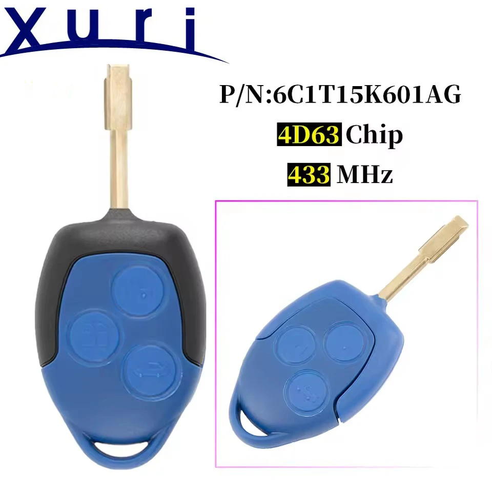 Xuri For Ford Transit 2006 - 2014 433MHz 4D63 Chip FO21 Blade Black/Blue Remote Car Key P/N: 6C1T15K601AG 6CIT15K601