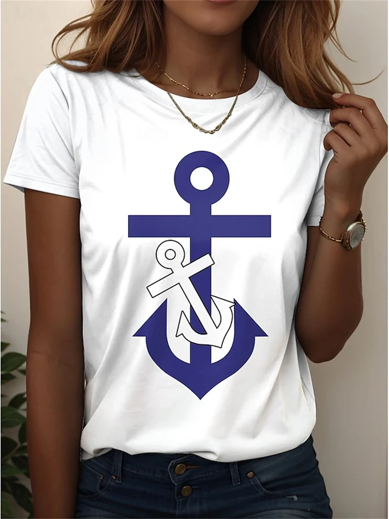 Boat AnchorGraphic T-shirt For Women 2025 New Design Short Sleeve Stripe T Shirts Summer Oversized Fashion Elegant  Kids Tees