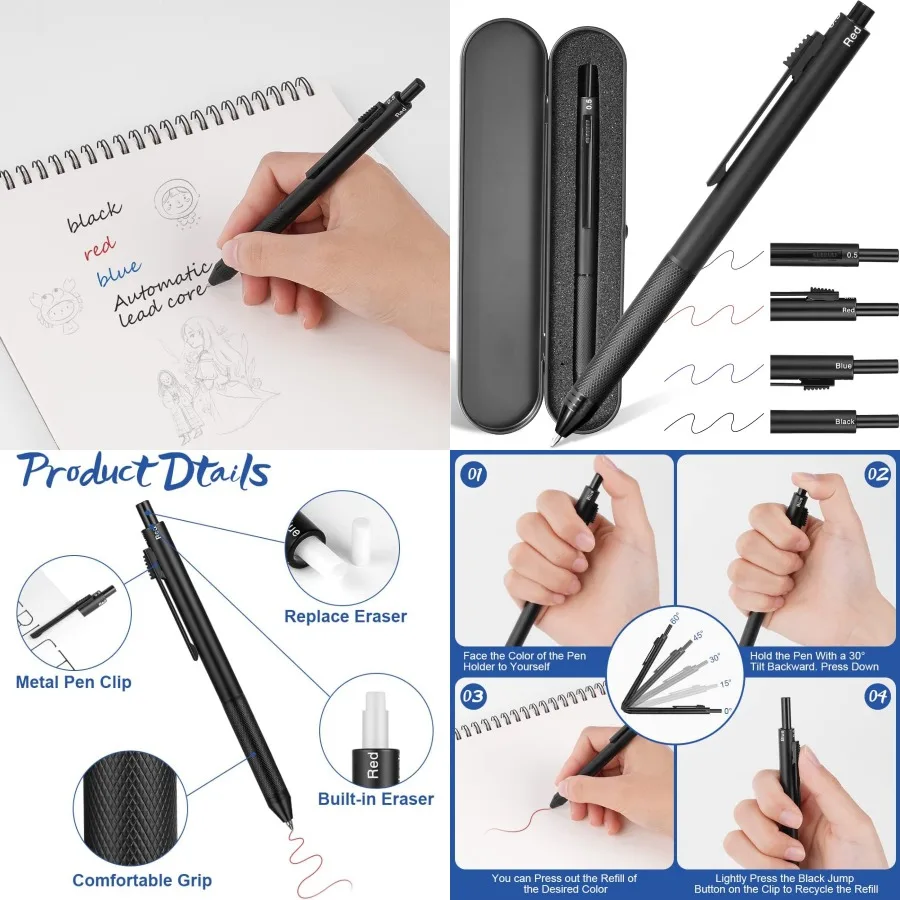 

AUAUY 4 in 1 Multicolor Pen with Metal Casing and Gravity Sensor for Office and School Use Features 0.5mm 3-Color Ballpoint and