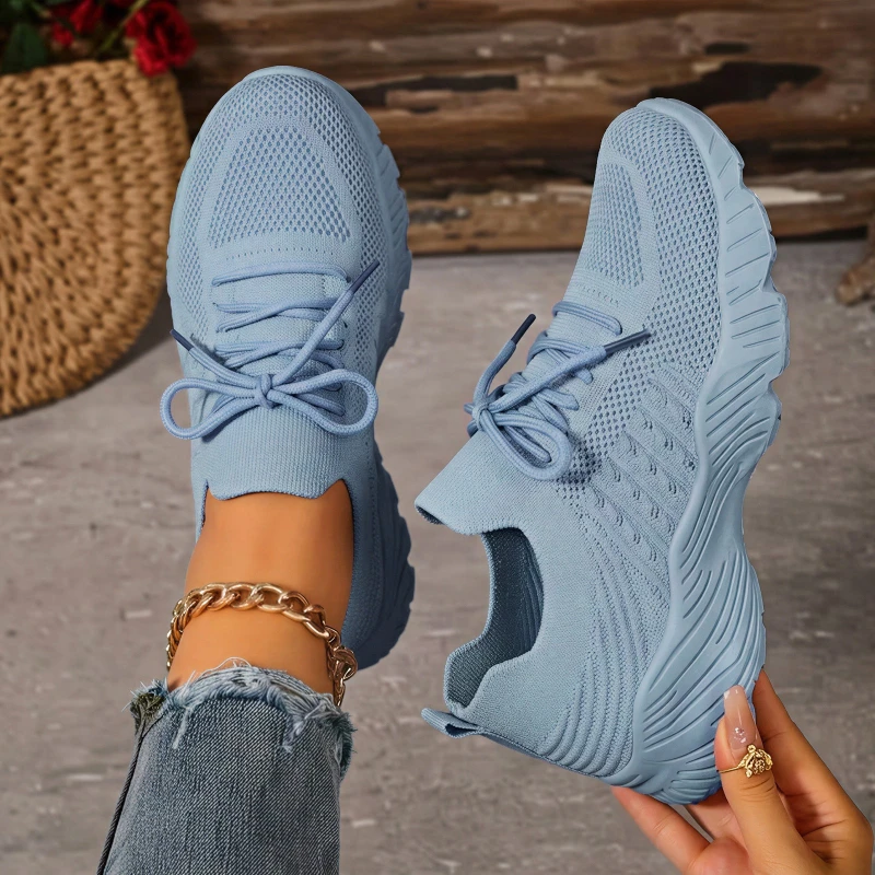 Women Breathable Flying Weave Sneakers Lightweight Soft Sole Elderly Mom Walking Shoes Summer Mesh Non Slip Casual Sports Shoes