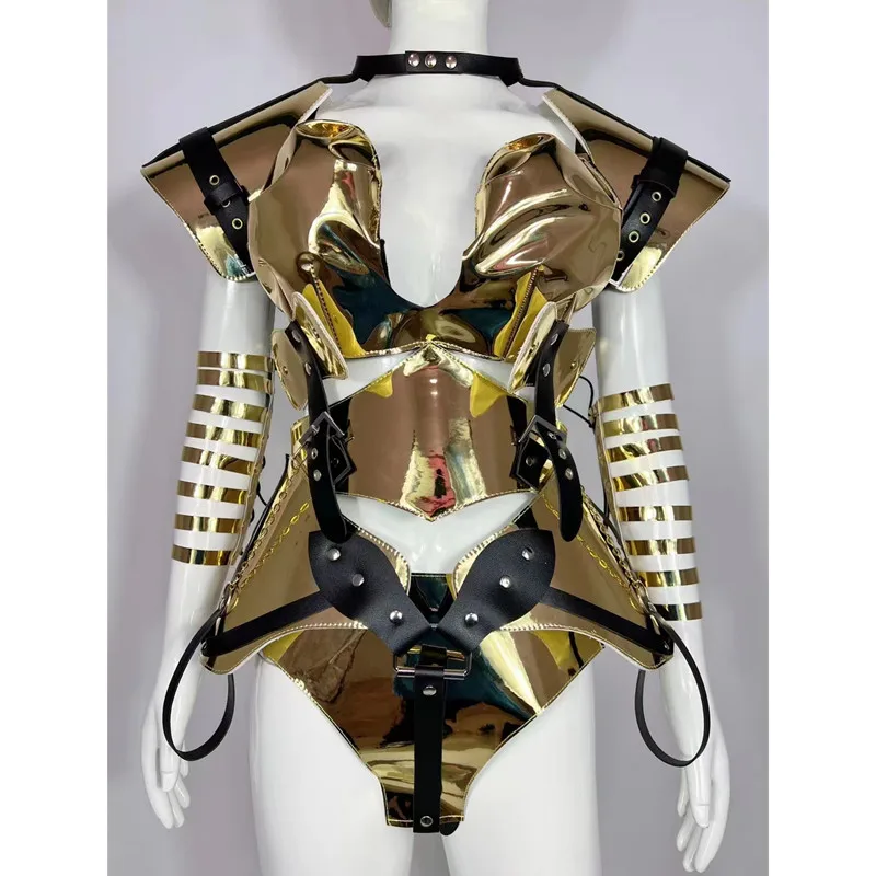 

Bar Dance Team Stage Wear Gold Silver Laser Leather Future Warrior Armor Cosplay Costume DJ Gogo Rave Outfit Performance Clothes