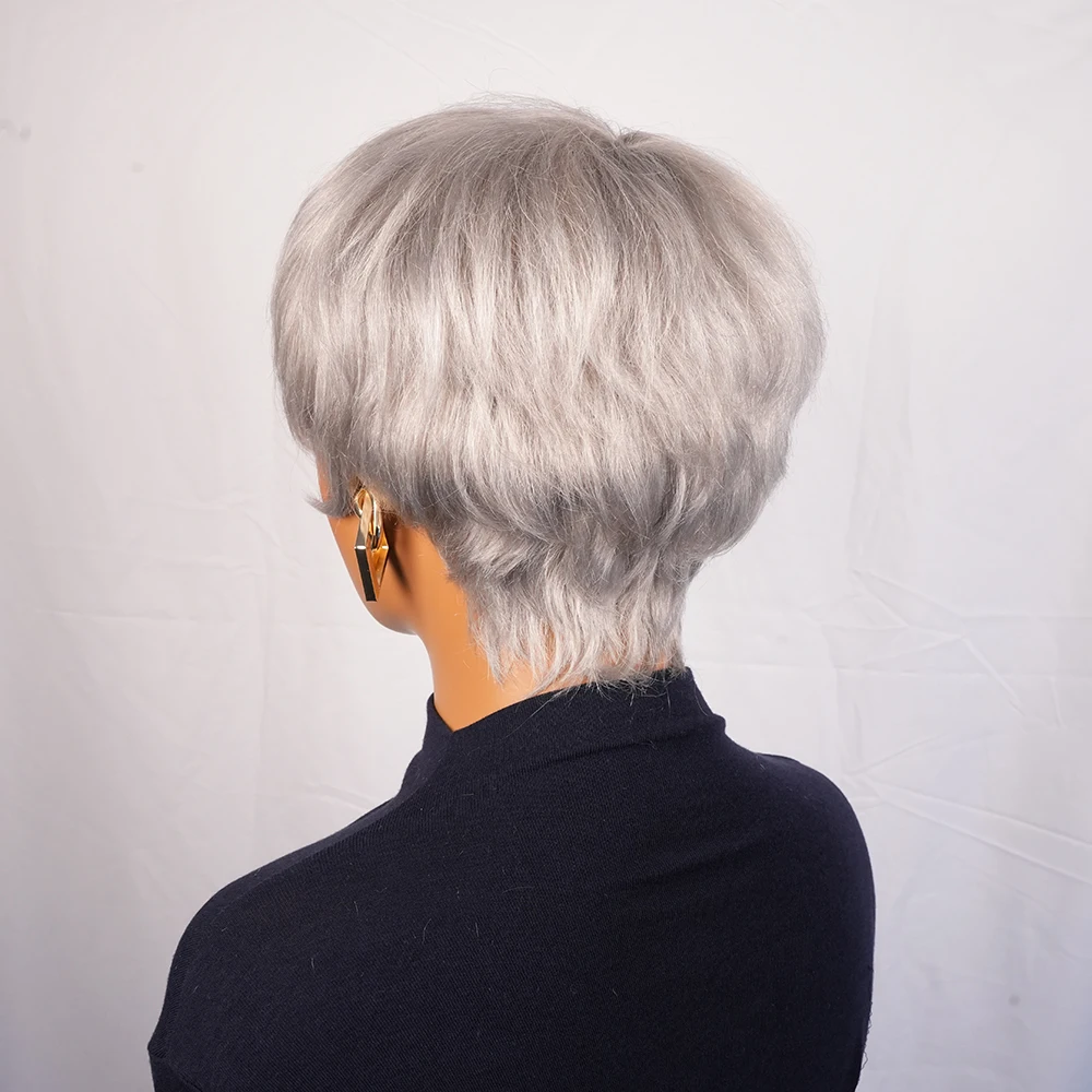 شعر مستعار بشري بقص عابث رمادي فضي مع غرة شعر بشري ريمي برازيلي بطبقات قصيرة مستقيمة للنساء مصنوعة آليًا #4