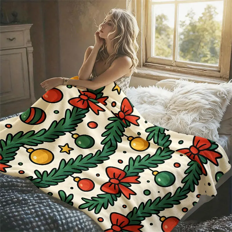Xmas Garland Bows Flannel Blanket Warm Soft Halloween Christmas Decorative Couch Warm Cozy All-Season Gift