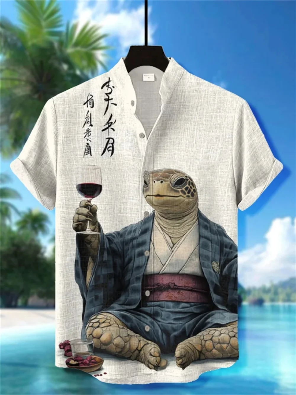 Summer Men's Linen Shirt Fashionable Creative Printed Short Sleeve Stand up Collar Street Casual Loose Men's Clothing