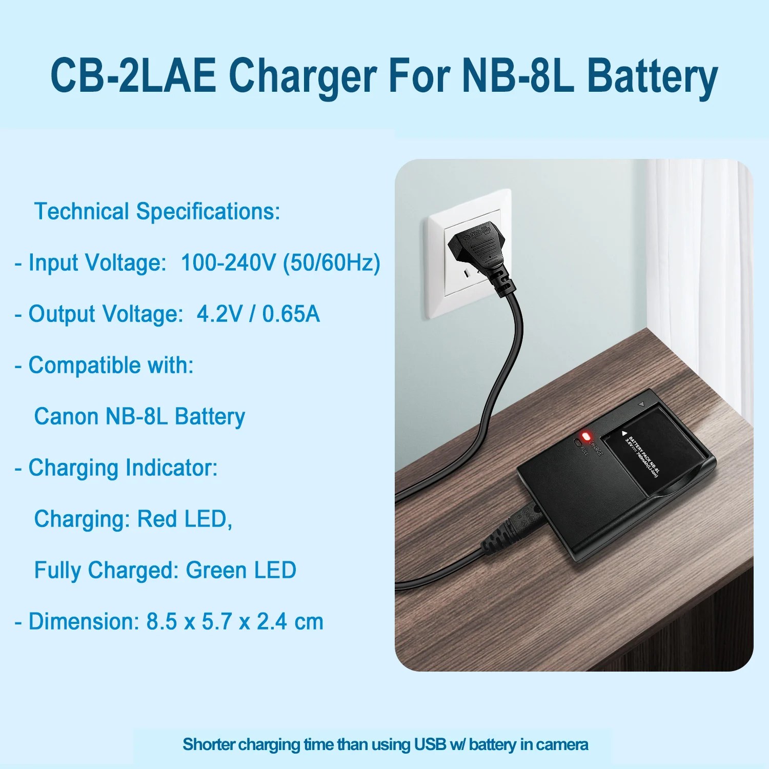 CB-2LAE Batterieladegerät für Canon NB-8L - Kompatibel mit den Kameras PowerShot A3000 IS, A2200, A3100 IS, A3200 IS, A3300 IS – Detail 5