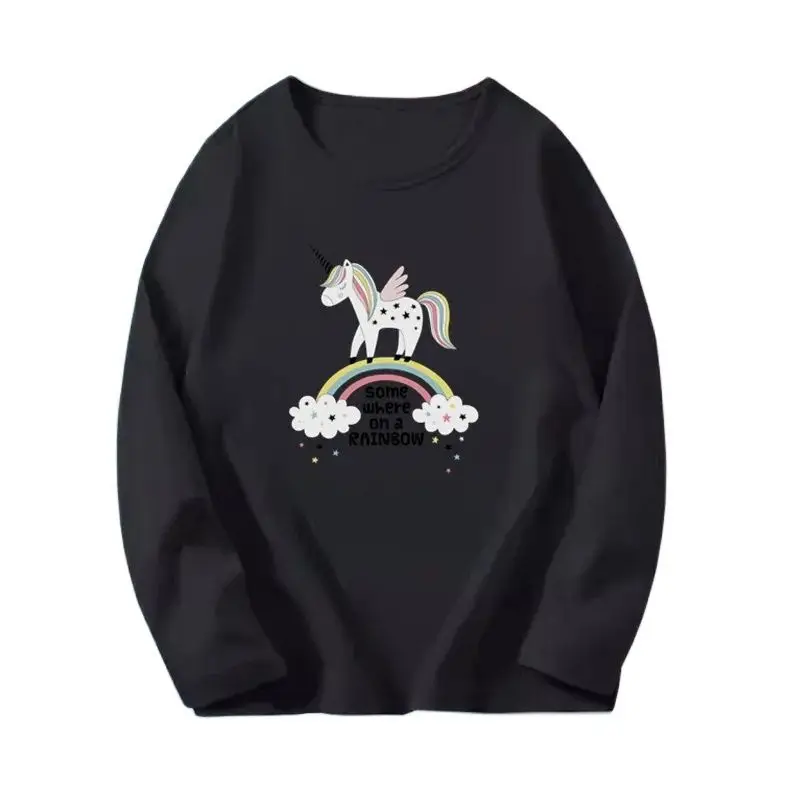 Fashion Cute Unicorn Girl T Shirt Children Rainbow Horse Cartoon Kids Long Sleeve T-Shirt Round Neck Tops 3-14years