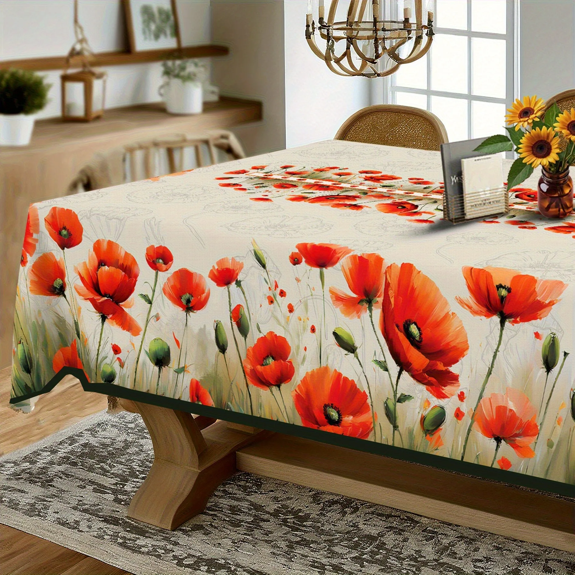 1pc Vibrant Red Poppy Tablecloth - Watercolor Floral Vintage Country Decor, Durable Polyester Rectangular Table Cover, Suitable