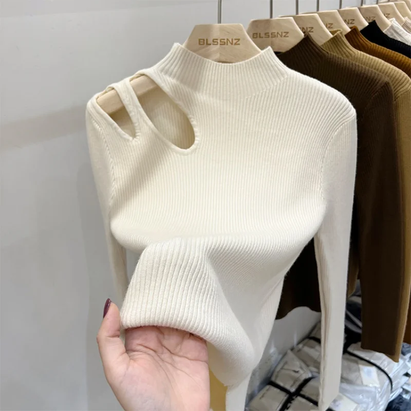 

Модный зимний сексуальный однотонный женский свитер с длинным рукавом, осень 2024, элегантный вязаный топ, пуловер с высоким воротником