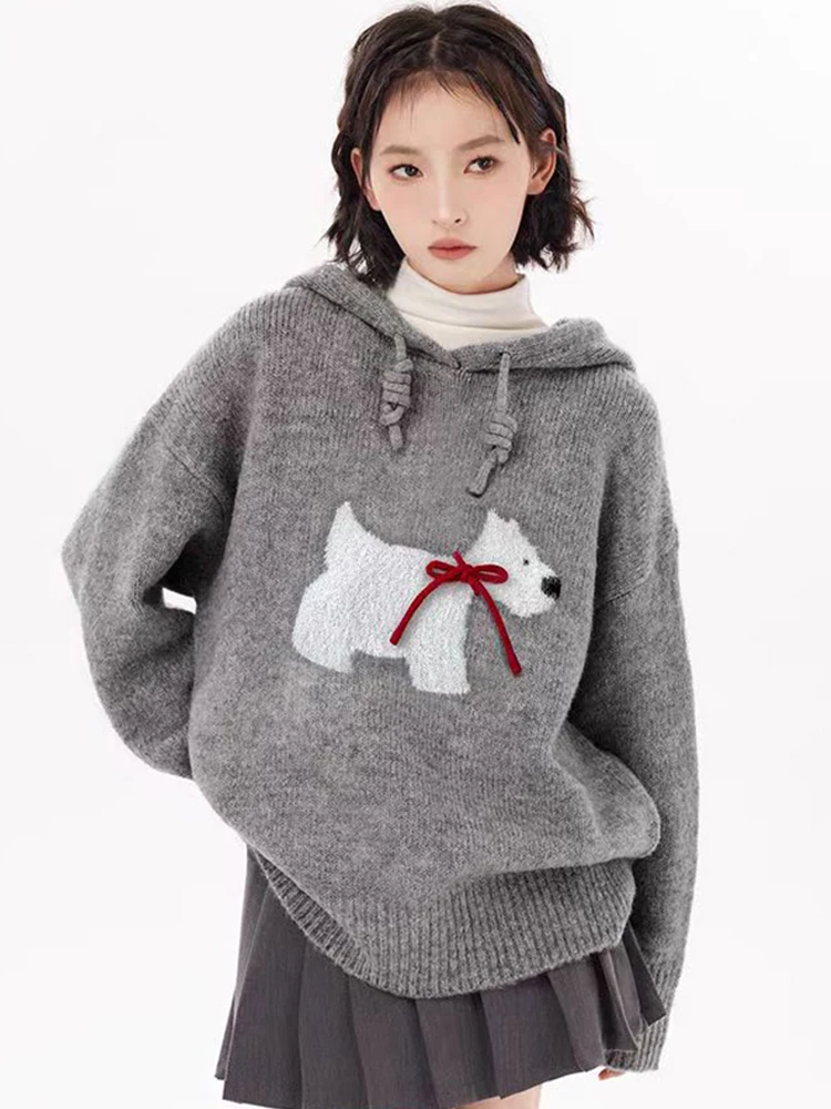 

Модный вязаный свитер с длинными рукавами и собачьим принтом, повседневный шикарный дизайн с капюшоном, осенне-зимний женский топ, трендовая верхняя одежда