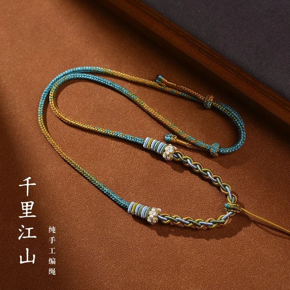 

High Quality Pure Handmade Woven Jade Beeswax Pendant Rope Qianli Jiangshan Necklace Lucky Jewelry