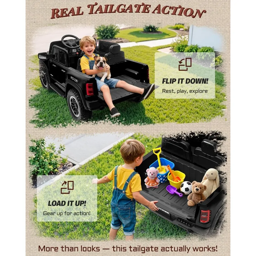 24V Ride on Toys for Big Licensed RAM 1500 RHO Electric Car for w/Remote Control Ride on Truck w/Bluetooth LED Lights Truck Bed
