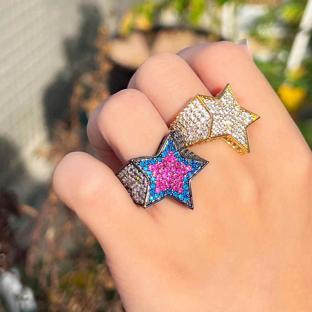 BeaQueen Vintage Fashion Star Shape Rings for Women Rock Party Blue Pink CZ Crystal Black Gold Plated Finger Jewelry Gifts R153