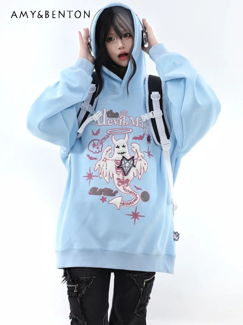 2024 New American Autumn Plush Patch Printing Loose Crew Neck Long Sleeve Hooded Hip Hop Sweater For Women