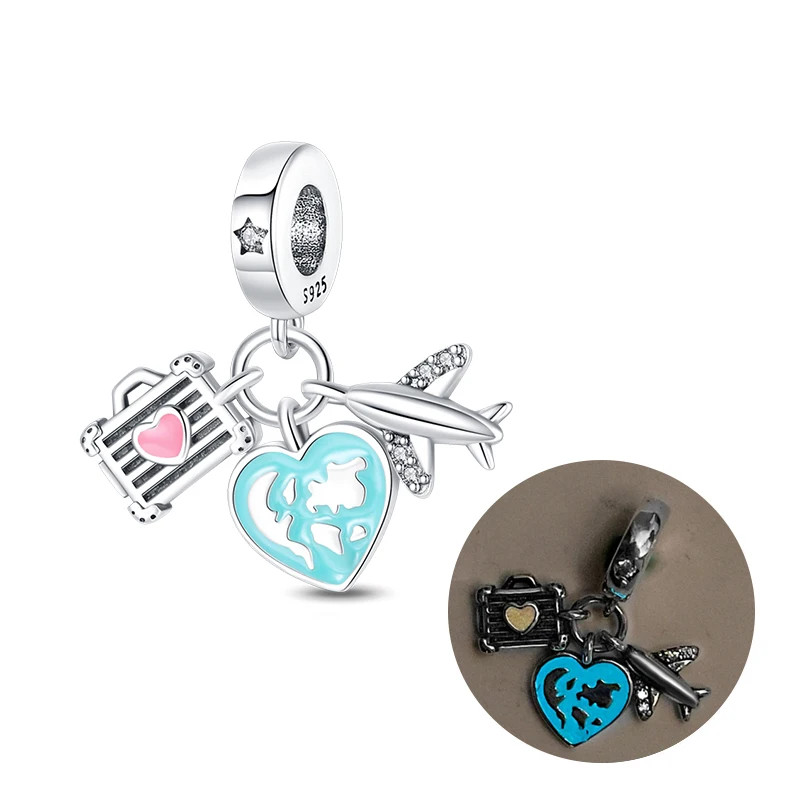 New in Fine Luminous Airplane Travel Two-Piece Set Charms Beads Fit 3mm Original Bracelet Women 925 Silver Pendant Jewelry Gifts