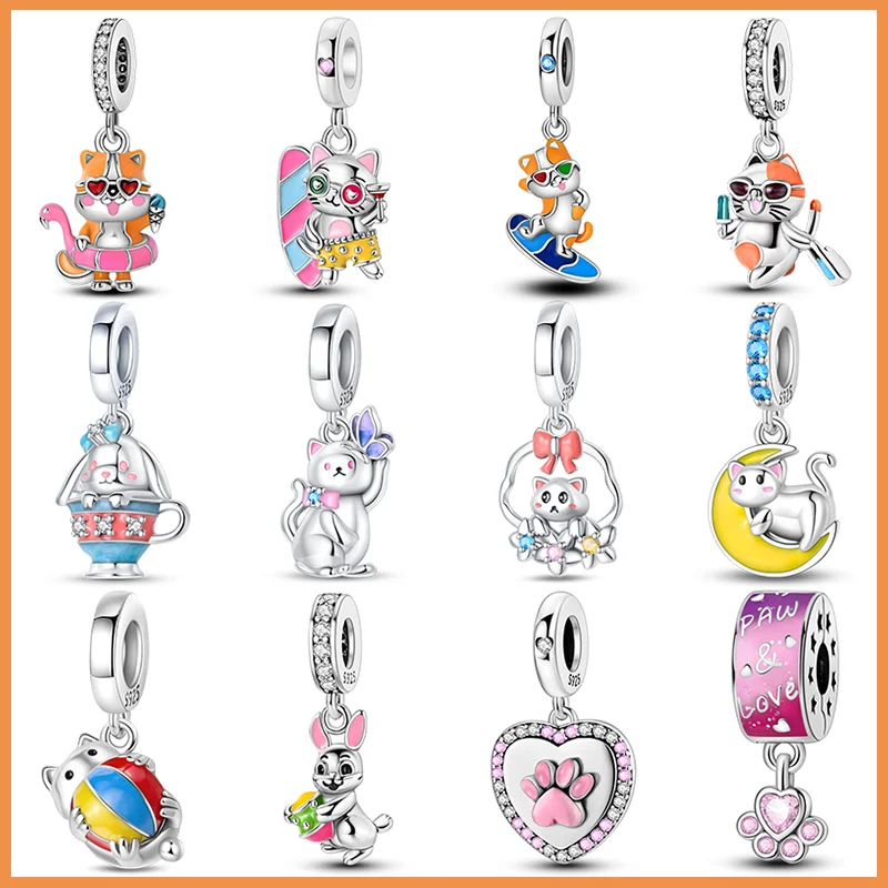 925 Sterling Silver Fashion Holiday Surf Cat Cute Teacup Cat Rabbit Charms Beads Fit Pandora Original Bracelet DIY Jewelry Gift