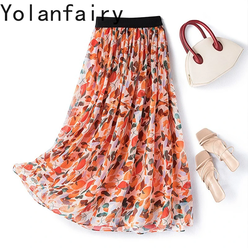 YOLANFAIRY 100% Real Mulberry Silk Skirts for Women Summer Korean Fashion Floral Long Skirt Elastic Waist Elegant Skirts 2026