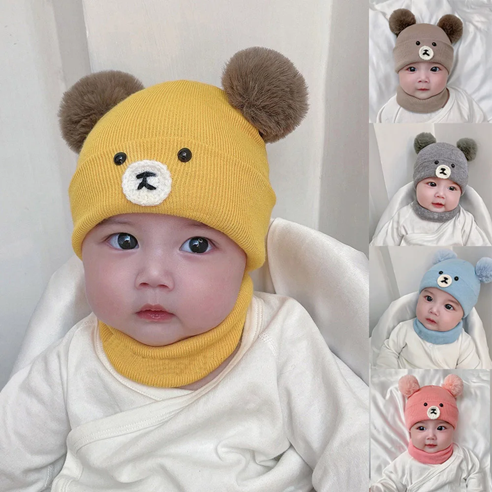 

2Pcs/Set Cartoon Bear Baby Hat Scarf Set Cute Double Pompom Newborn Cap Winter Warm Infant Toddler Beanie Scarves