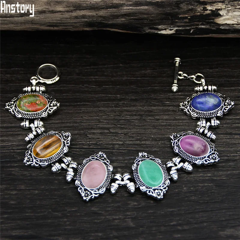 Vintage Oval Plant Flower Quartz Amethysts Bracelet For Women Antique Silver Plated Natural Stone Unakite Jade Fashion Bracelets