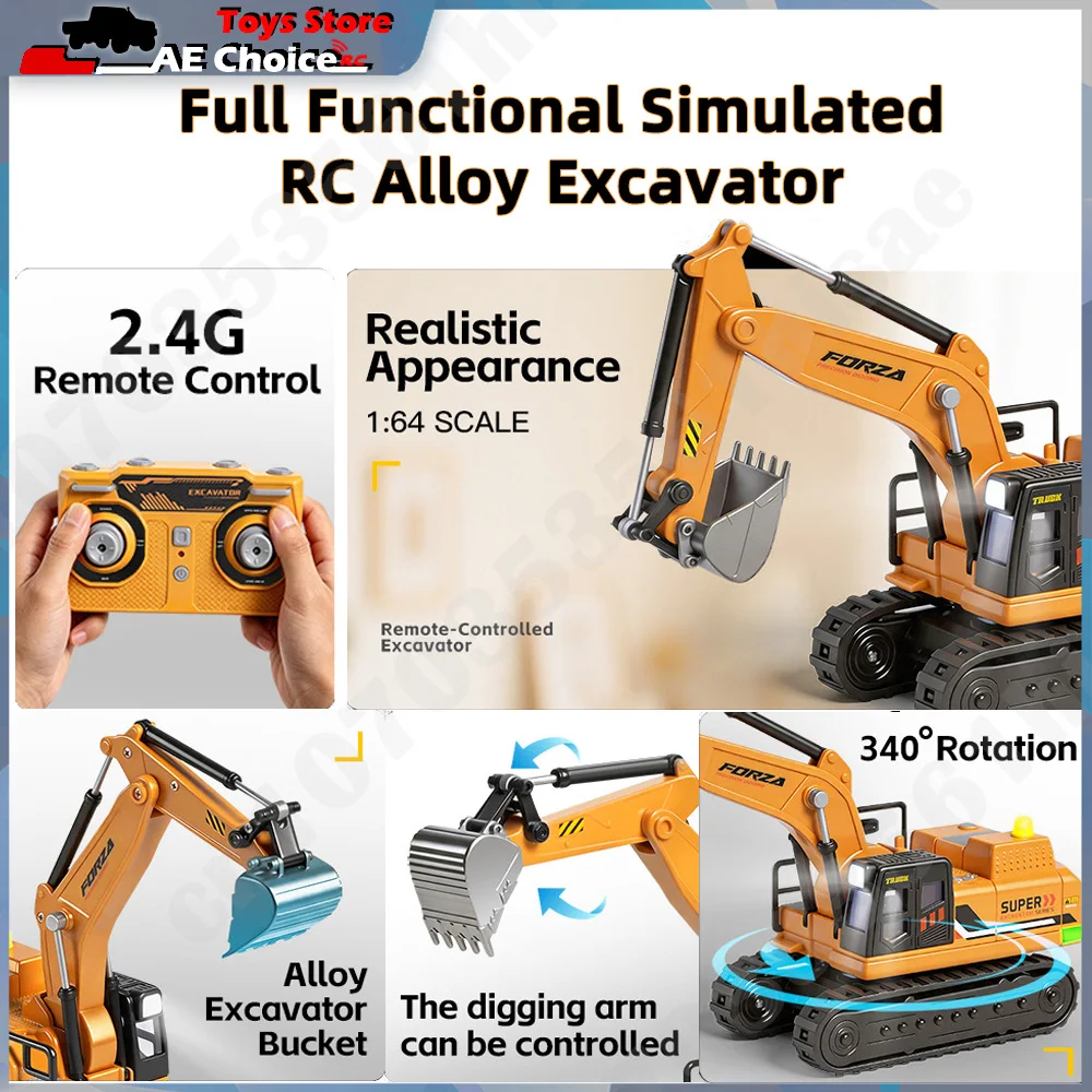 WLtoys 6402 1/64 RC Car Mini Alloy Excavator Full Proportional 340° Rotation Sound Light Desktop Engineering Display Gifts Toys