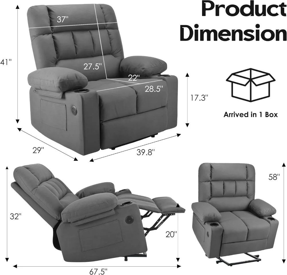 كرسي كرسي رفع كهربائي كبير الحجم مع تدليك، حرارة، منافذ USB لكبار السن الكبار والطويل