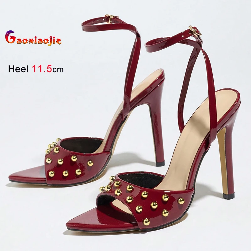 

2026 Summer Red Women's Sandals Thick Middle Heels 5cm Square Toe Ankle Strap Square Buckle Back Hollow Ladies Pumps Party Shoes