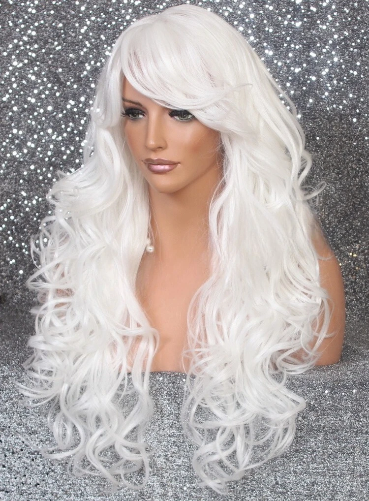 Campuran Panas Penuh OK Wig Panjang Keriting Poni Potongan Rambut Berlapis Putih NWT WBBT