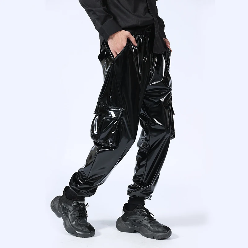 Men Jazz Dance Pants Balck Leather Harem Pants Male Hip Hop Dancing Trousers Nightclub DJ Singer Gogo Dance Costume XS7423