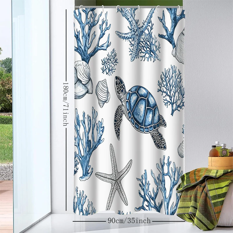 1pc Sea Star Turtle Shower Curtain with Metal Grommets, Polyester Bath Curtain Widow Curtain Bathroom Decor & Accessorie