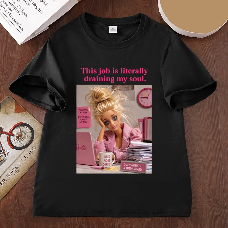 Funny Doll Meme T-Shirt This Job Is Literally Draining My Soul T Shirt Work Meme Tee Casual Round Neck Humor Tee Streetwear