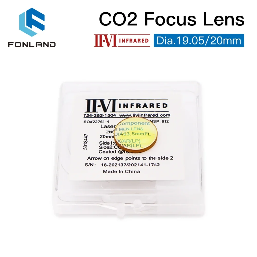 Lente de foco a laser CO2 infravermelhada II-VI Dia.19.05mm 20mm FL 38.1/50.8/63.5/76.2/101.6mm para lentes de máquina de corte a laser CO2 ZnSe