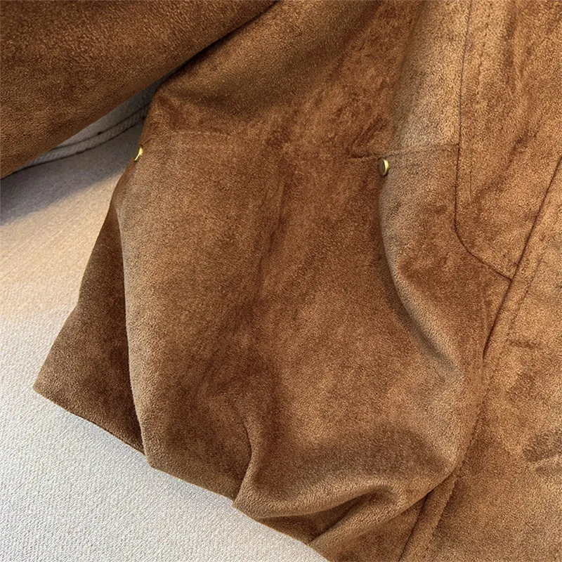 Spring Autumn Women Korean Vintage Brown Short Faux Suede Jacket Loose Casual Lapel Long Sleeve Female Biker Jacket Streetwear