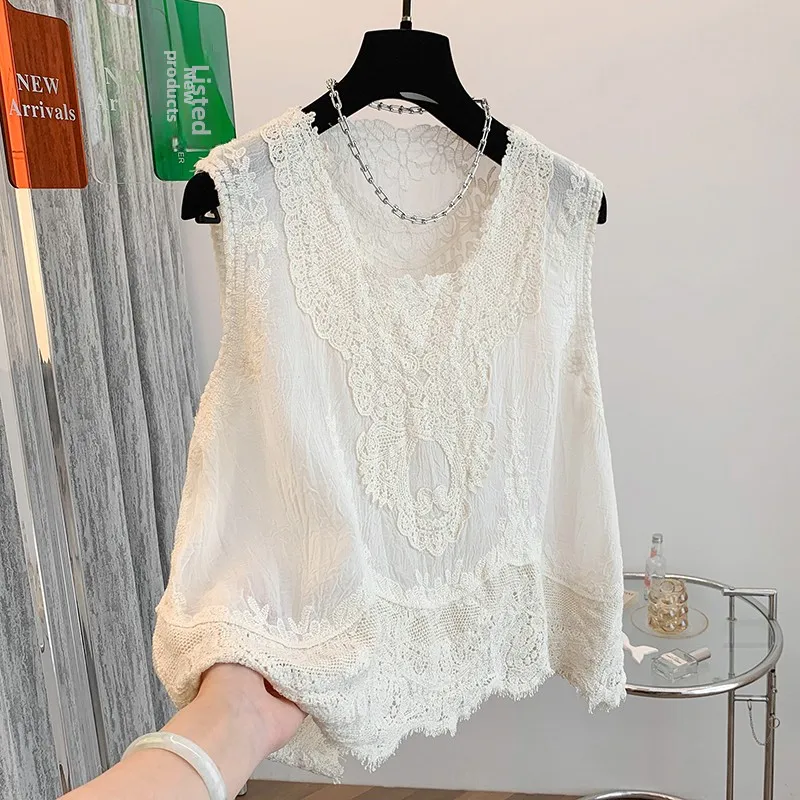 

Summer New Sle Pure Cotton Embroidered Lace Trim Splice Slimming Tummy Covering Svel Vest Base irt White