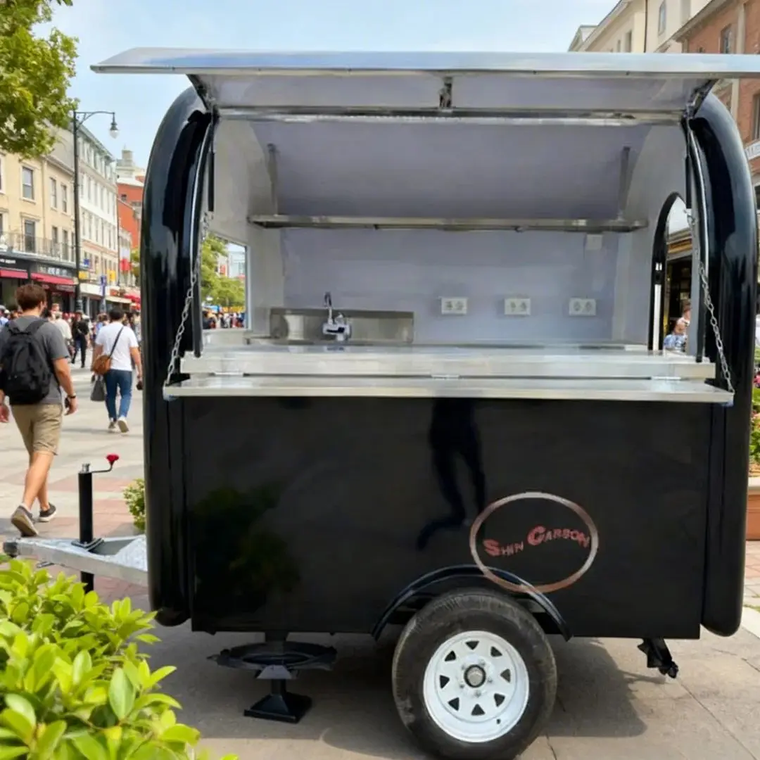 

Outdoor Food Trailer Simple Appearance Black Main Body Stylish Textured Design Mobile Kitchen Catering Truck