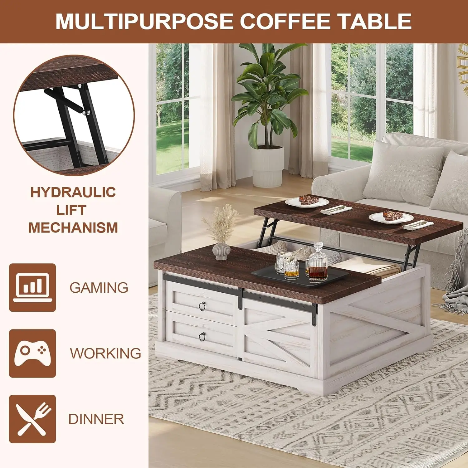 39.4'' Lift Top Coffee Table With Storage, Farmhouse Coffee Tables For Living Room, Square Coffee Table With Large