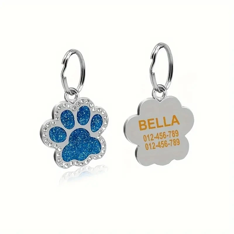 Personalized Dog ID Tag Glitter Engraved Dogs Name Tags Paw Shape Anti-lost Pet Nameplate Bling Rhinestone Pendant Free Gift