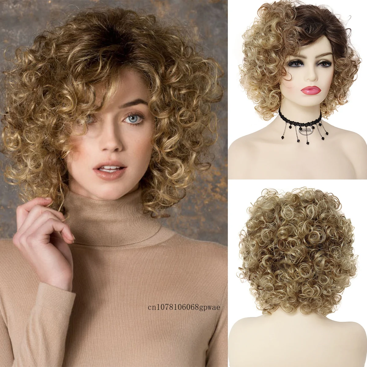 

Fluffy Curly Wig Synthetic Hair for Women Ombre Brown Wigs with Bangs Short Soft Wave Bouncy Daily Party Costume Heat Resistant