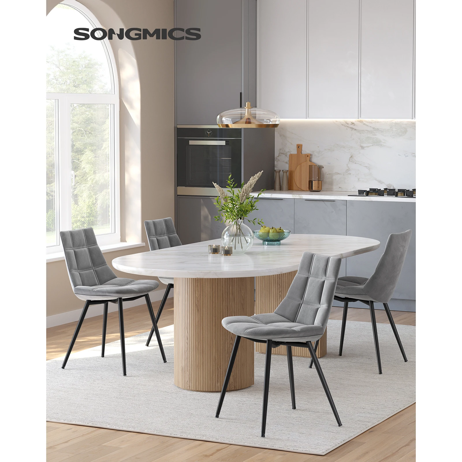 SONGMICS Set of 2 Dining Chairs, Armchairs, Upholstered Chairs, Modern Kitchen Chairs, with Metal Legs, Velvet Surface, Gray